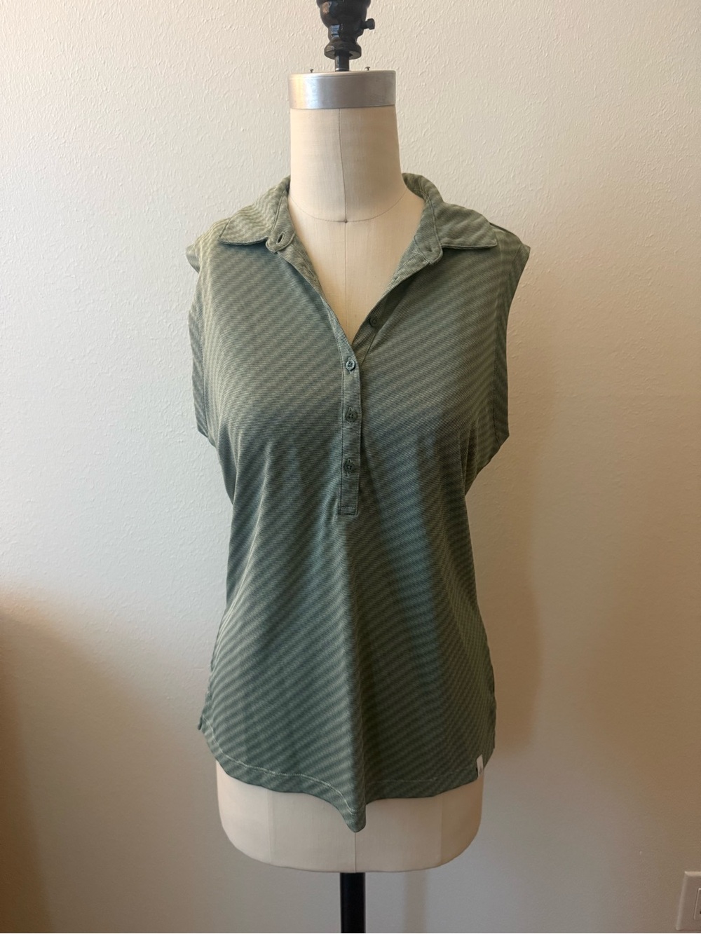 Lady Hagen Sleeveless Button-Down Polo in Olive Green Stripe